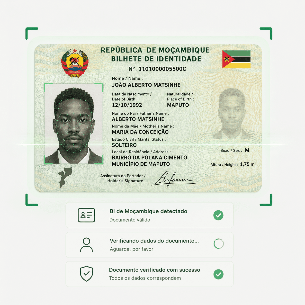 Frente do Bilhete de Identidade de Mocambique em verificacao
